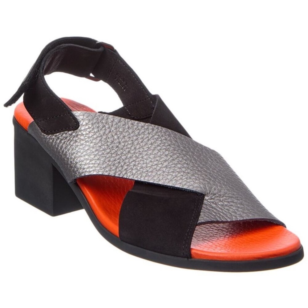 Arche Metallic Silver and Orange Block Heel Sandals